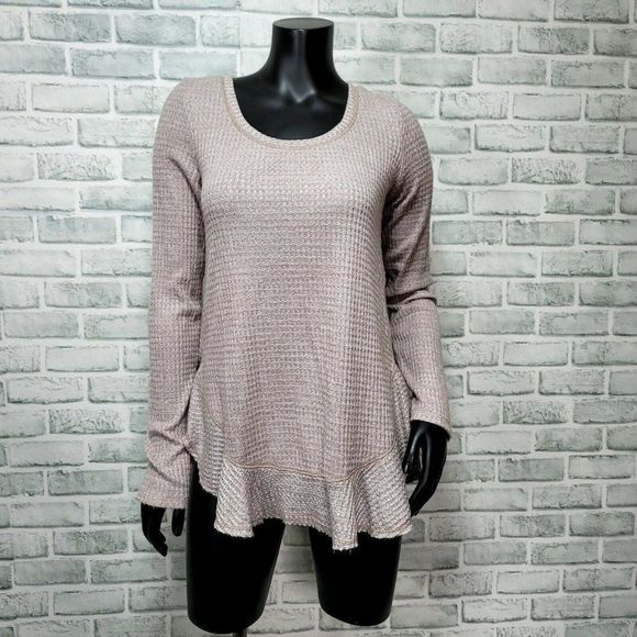 Anthropologie Saturday Sunday S Wendy Waffle Pullover Top Beige Split Back Cozy - Picture 1 of 5